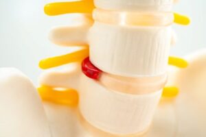 Close-up model of lumbar spine showing herniated disc pressing on spinal nerve.